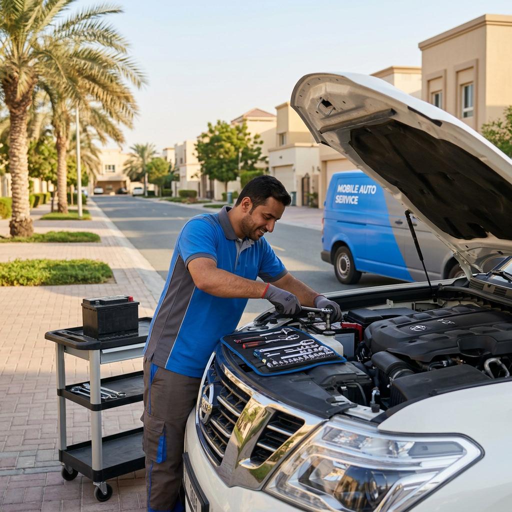 Technician fitting a battery to an SUV outside a villa, with the service van parked behind