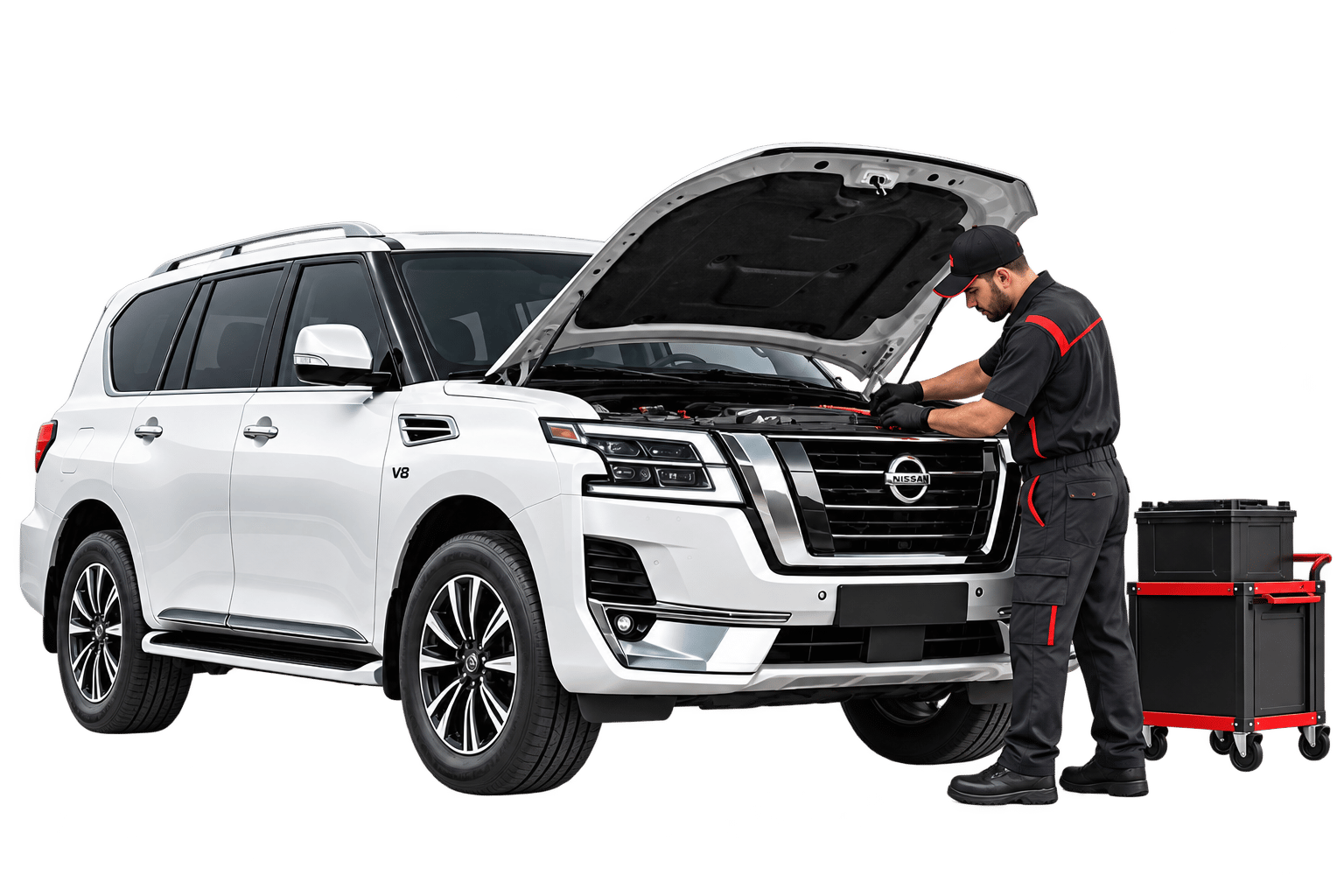 Technician servicing the battery of a white Nissan Patrol in Dubai